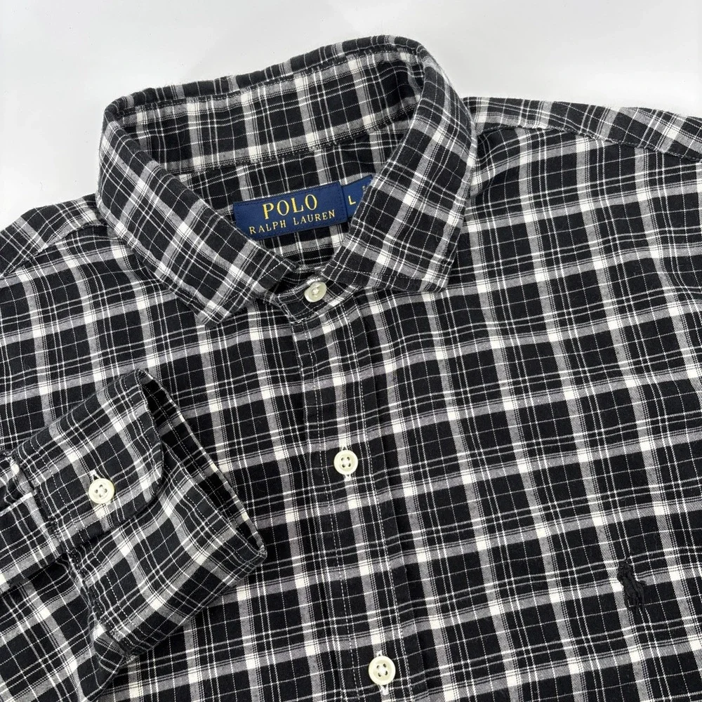 Polo Ralph Lauren Shirt Men's Large‎ Black White Plaid Long Sleeve 100% Cotton